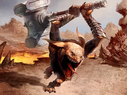 A fierce goblin gaveleer from Magic: The Gathering wields a huge hammer across a rugged fantasy landscape, captured in HD detail for a vivid PC desktop wallpaper.