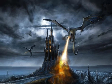 HD desktop wallpaper featuring a fantasy scene with a fire-breathing wyvern and a castle under a stormy sky. Multiple wyverns are seen flying around the dark, gothic castle.