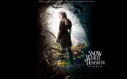 HD desktop wallpaper featuring Kristen Stewart as Snow White from the movie Snow White and the Huntsman, set against a dark, mystical forest background.