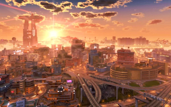 A vibrant artistic depiction of a city skyline at sunset, showcasing intricate buildings and highways under a dramatic sky. This stunning image serves as a 4K Ultra HD wallpaper.