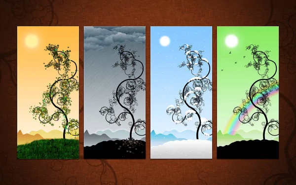 A vibrant HD wallpaper showcasing the four seasons—spring, summer, fall, and winter—through stylized trees and backgrounds, celebrating the beauty of nature across different times of the year.