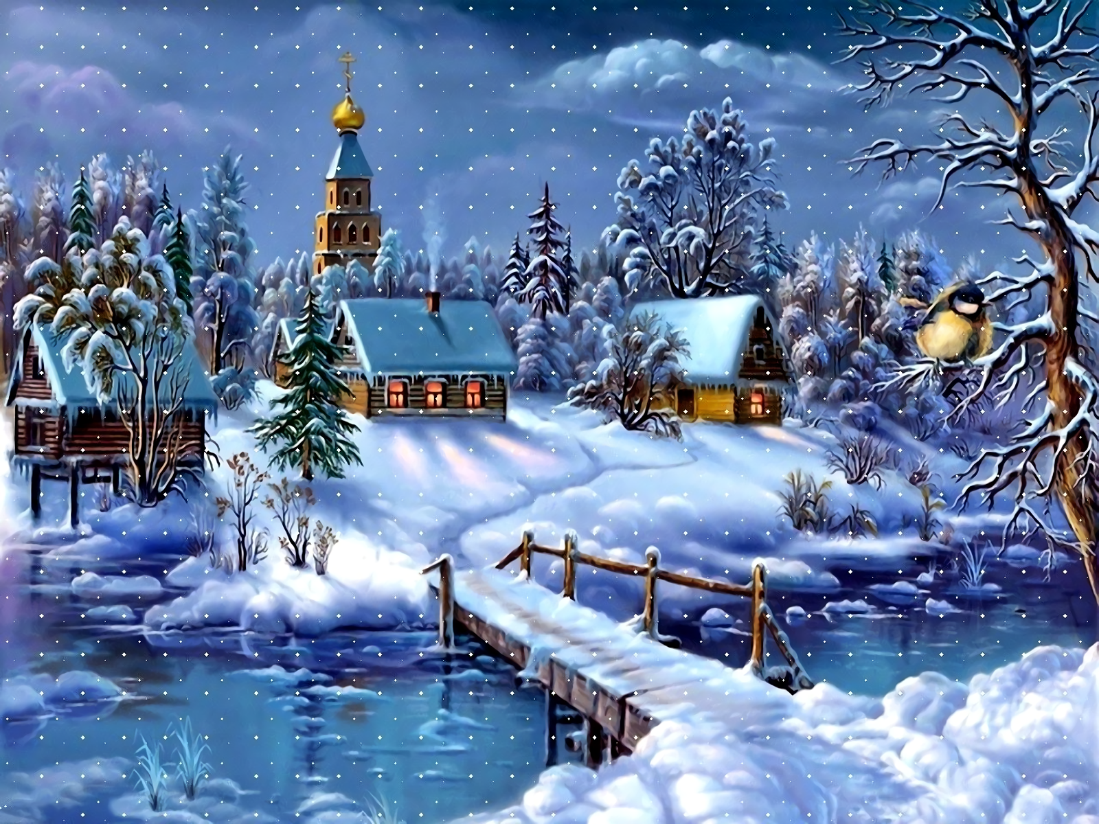 Download Bridge House Church Snow Landscape Artistic Winter Wallpaper