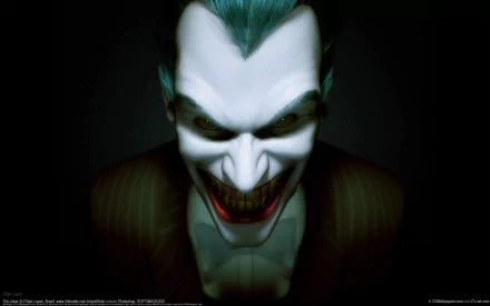 HD desktop wallpaper featuring a close-up, sinister image of the Joker from a comic, with a dark background highlighting his menacing, white-painted face and green hair.