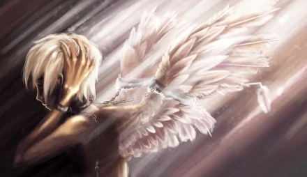 An anime wallpaper featuring an angelic figure with flowing wings, expressing emotion while holding their head, surrounded by soft light and dynamic, ethereal background.