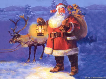 A festive image of Santa with a lantern beside his reindeer, set against a snowy backdrop, capturing the magic of the holiday season and Christmas spirit.