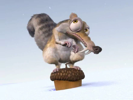HD desktop wallpaper featuring Scrat from the movie Ice Age, standing on a large acorn in a snowy scene.