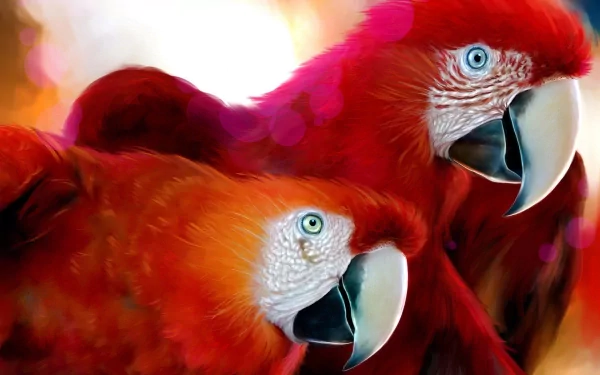 Vibrant red-and-green macaws perched close together, showcasing their striking feathers and expressive eyes in a beautifully blurred background. High-definition wallpaper for desktop use.