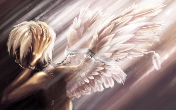 An anime wallpaper featuring an angelic figure with flowing wings, expressing emotion while holding their head, surrounded by soft light and dynamic, ethereal background.
