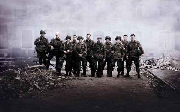 A high-definition desktop wallpaper featuring soldiers from the TV show Band of Brothers, standing together amidst a war-torn backdrop.