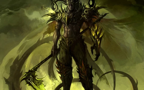 HD PC desktop wallpaper of a dark warrior clad in spiked armor, holding a large weapon, set against a shadowy, ominous background.