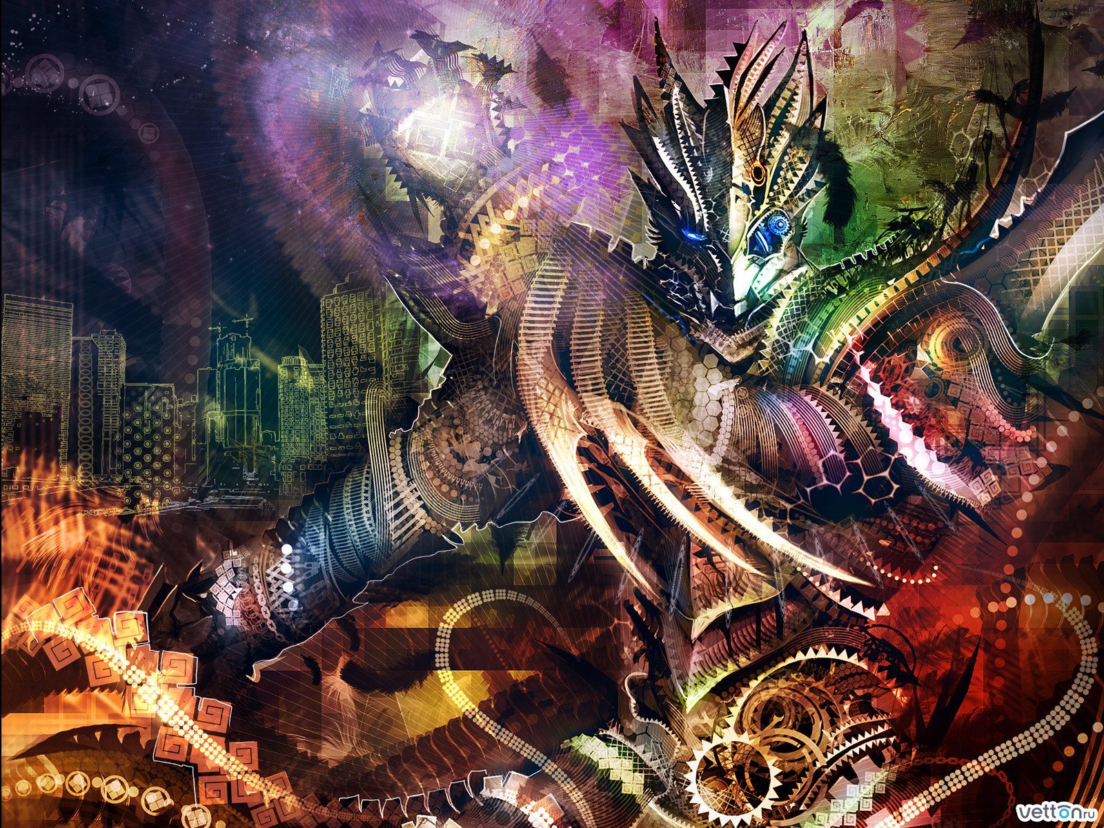 A detailed fantasy creature with intricate patterns and vibrant colors, set against an abstract background, creates a captivating HD desktop wallpaper.