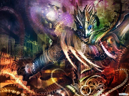 A detailed fantasy creature with intricate patterns and vibrant colors, set against an abstract background, creates a captivating HD desktop wallpaper.