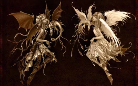 A fantasy-themed HD PC desktop wallpaper featuring a striking contrast between an angelic figure and a dark, winged character, illustrating the duality of light and darkness.
