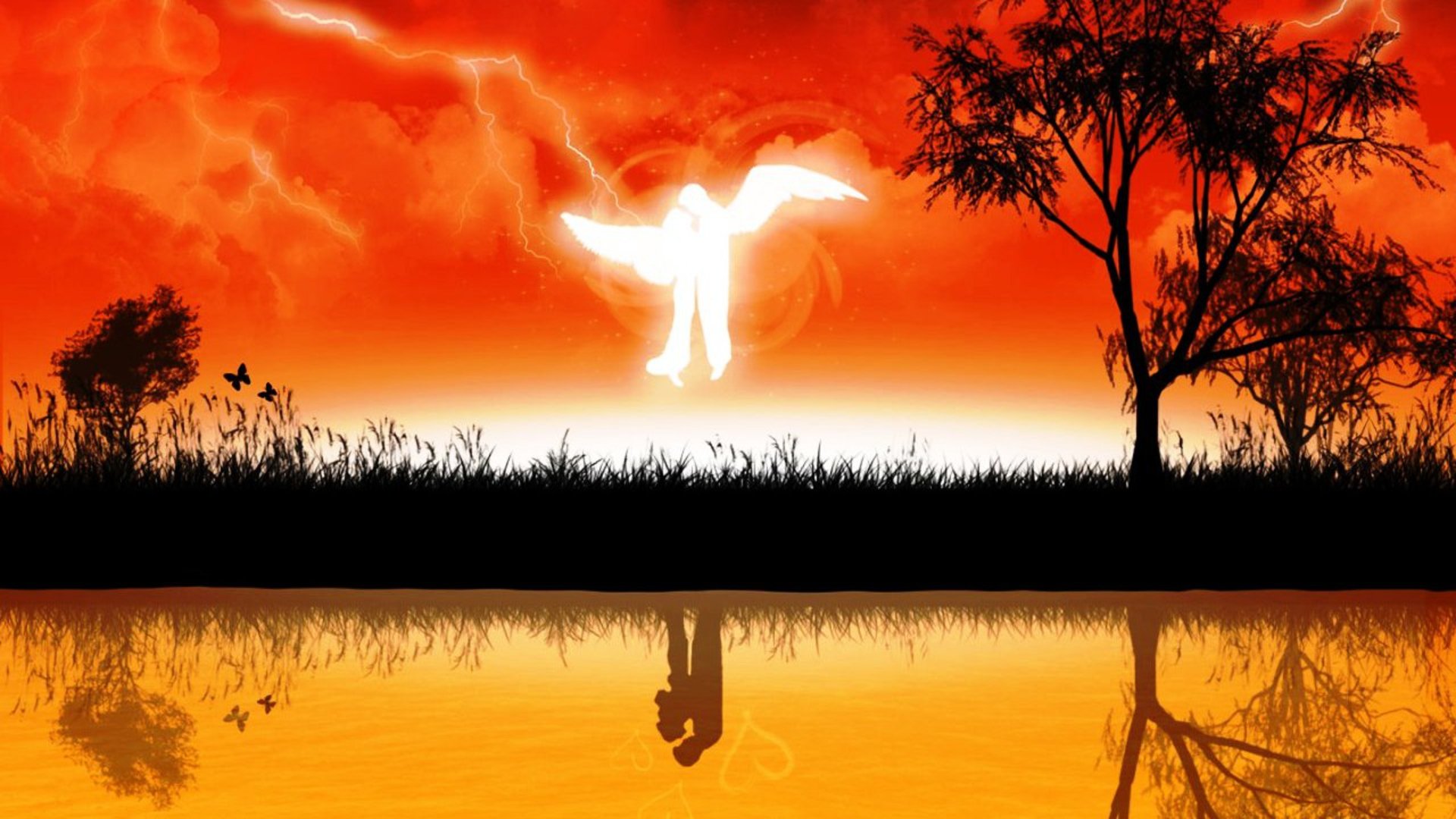 An artistic HD wallpaper depicting a serene sunset with vibrant orange hues, silhouetted trees, and a figure with wings reflecting on the water, symbolizing love and tranquility.