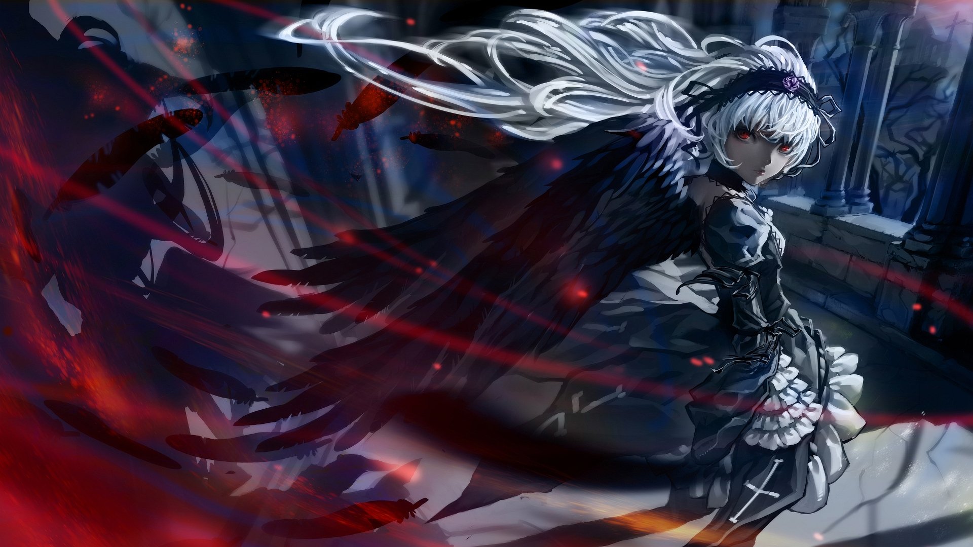 An HD desktop wallpaper featuring a character from the anime Rozen Maiden, showcasing a figure with long white hair, dark attire, and striking wings amidst swirling red and black hues.