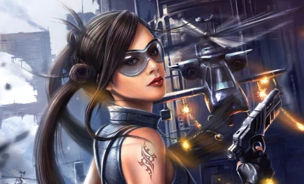 A fierce woman warrior stands confidently with a pistol, sporting a tattoo and sunglasses, as a helicopter looms ominously in a sci-fi urban landscape, creating a striking HD wallpaper.