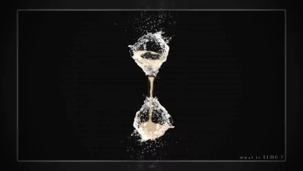 A striking digital art piece featuring an hourglass made of splashing liquid against a black background, serving as an HD desktop wallpaper and background.