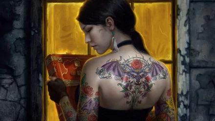 A fantasy-themed tattoo adorns the back of a woman as she holds a mysterious box, framed by a warm, glowing window. This HD image serves as a captivating desktop wallpaper.