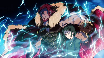 A dynamic HD wallpaper featuring Rider and Velvet Waver from Fate/Zero, showcasing vibrant lightning effects and intense character contrasts.