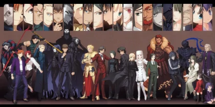 HD desktop wallpaper featuring characters from the anime Fate/Zero, showcasing a diverse cast in detailed outfits with headshots of each character displayed above.
