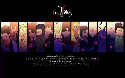 A vibrant HD wallpaper featuring characters from the anime Fate/Zero, showcasing a lineup of notable figures against a stylized background, capturing the series' dramatic essence.