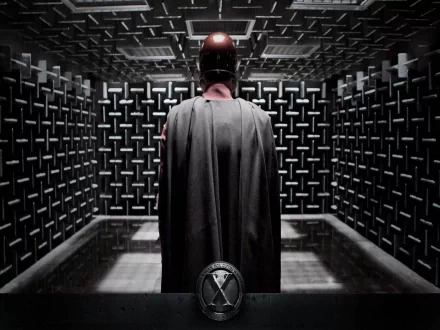 HD desktop wallpaper of Magneto from the X-Men: First Class movie, standing in a dark, soundproof room with metal bars on the walls.
