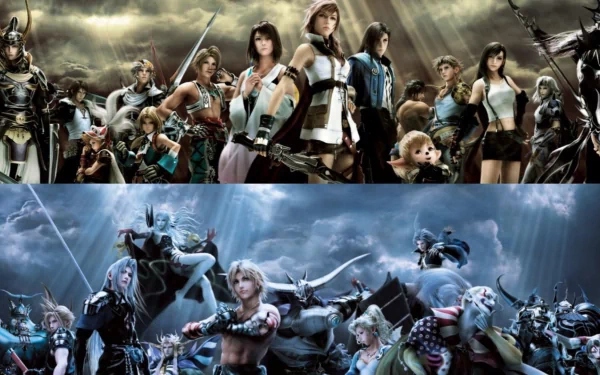 A striking HD wallpaper from Dissidia 012: Final Fantasy, featuring a dynamic ensemble of iconic characters set against a dramatic, cloud-filled background.