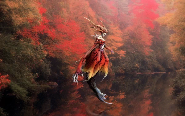 HD PC desktop wallpaper featuring a surreal, fiery creature from the video game Parasite Eve set against a vivid autumn forest backdrop.