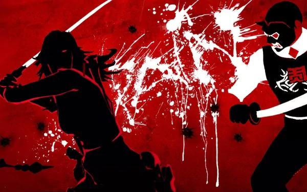 HD PC desktop wallpaper from the video game Wet, featuring silhouetted characters in dynamic combat with splattered white paint effects on a bold red background.