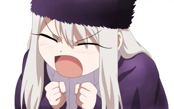 A vibrant HD wallpaper featuring Illyasviel Von Einzbern from the anime Fate/Zero, showcasing her expressive, animated emotions in a visually striking design.