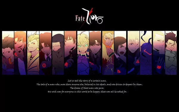 A vibrant HD wallpaper featuring characters from the anime Fate/Zero, showcasing a lineup of notable figures against a stylized background, capturing the series' dramatic essence.