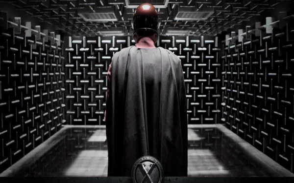 HD desktop wallpaper of Magneto from the X-Men: First Class movie, standing in a dark, soundproof room with metal bars on the walls.