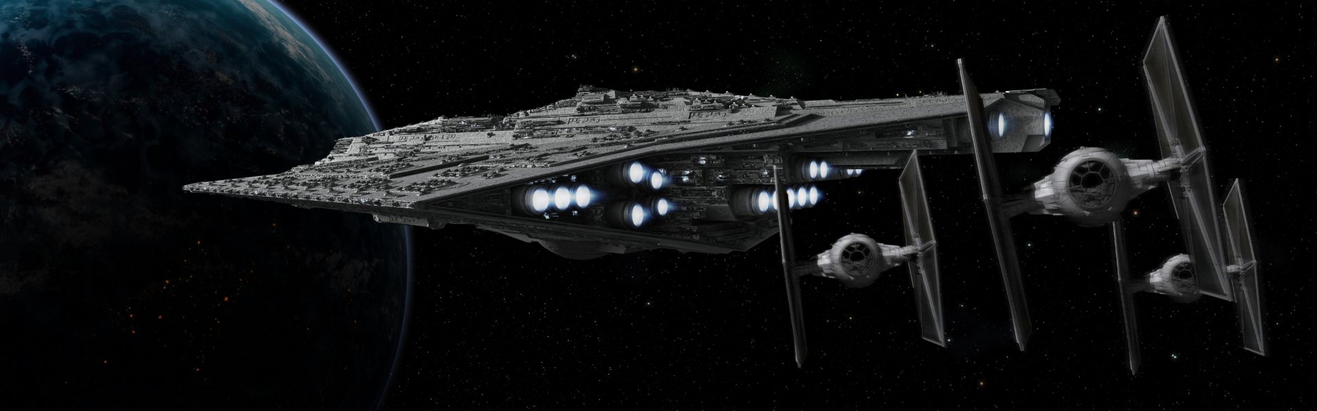 HD PC desktop wallpaper featuring a detailed Star Wars scene with a Star Destroyer and a TIE fighter set against the backdrop of deep space.