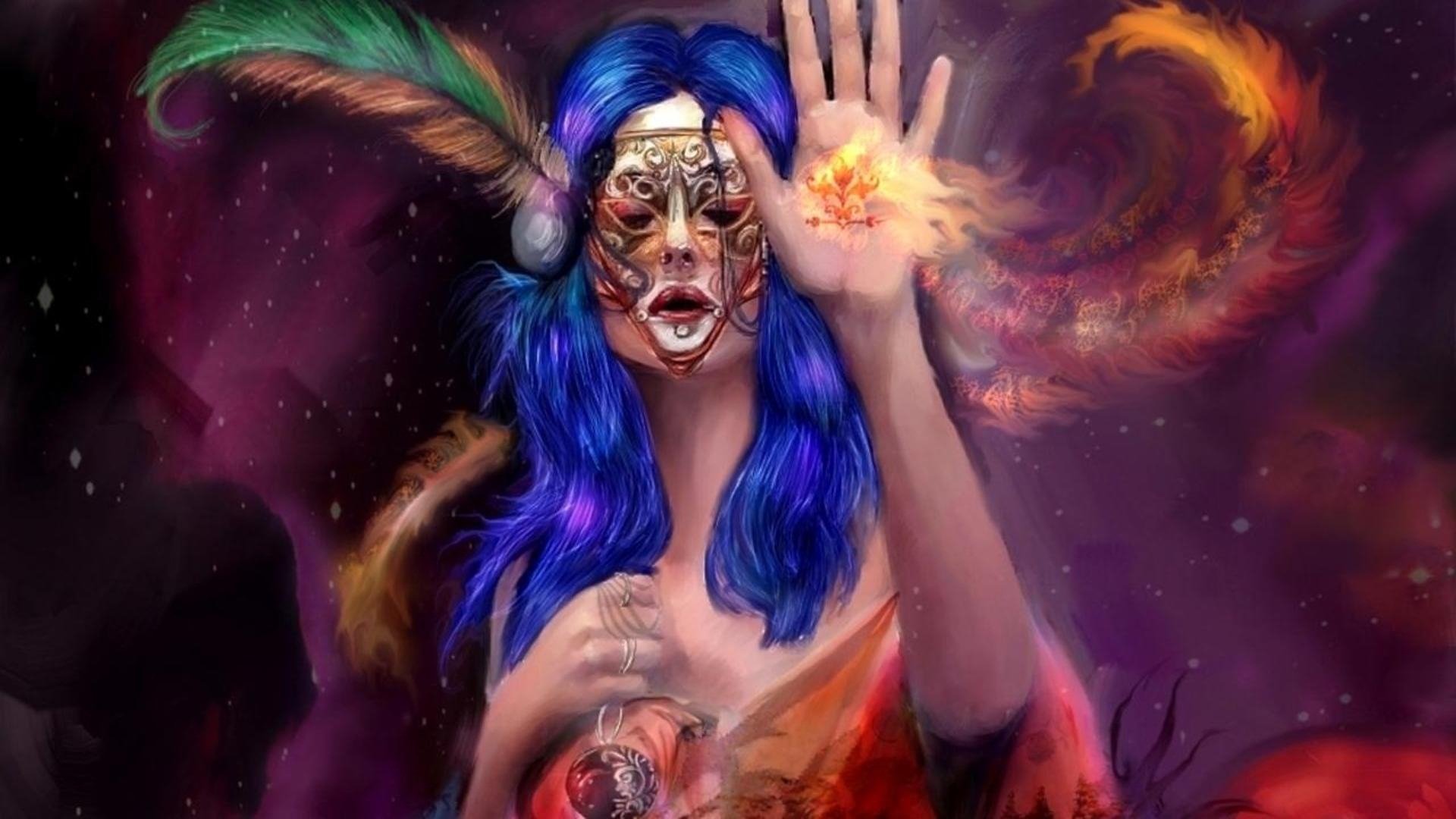 Fantasy-themed HD PC desktop wallpaper featuring a witch with vivid blue hair, a mystical mask, and fiery magic swirling from her raised hand against a dark, enchanted background.