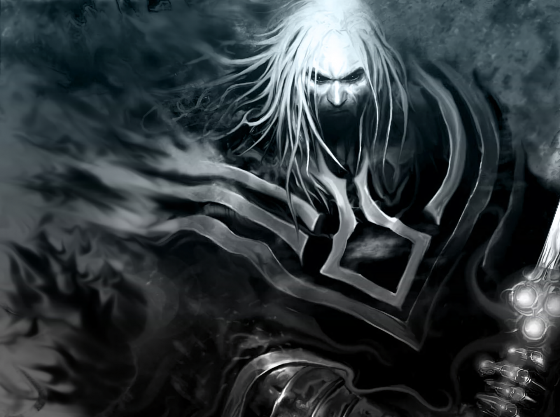 HD wallpaper depicting a dark warrior with long, flowing white hair and intense eyes against a shadowy backdrop. The monochromatic theme enhances the warrior's mysterious and formidable presence.
