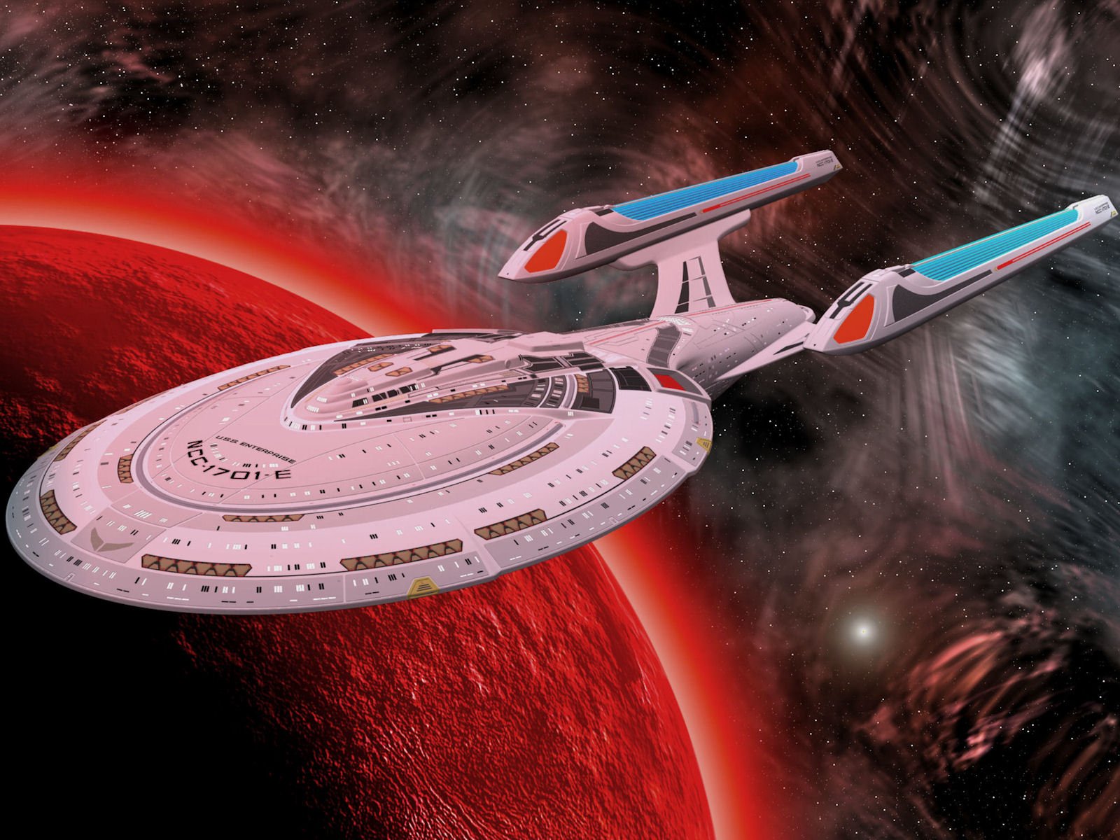 HD PC desktop wallpaper featuring a detailed Star Trek spaceship flying near a red planet in a vibrant sci-fi space scene.