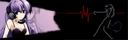 HD anime crossover PC desktop wallpaper featuring a stylized character on the left with a red heartbeat line extending across a black background.