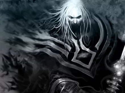 HD wallpaper depicting a dark warrior with long, flowing white hair and intense eyes against a shadowy backdrop. The monochromatic theme enhances the warrior's mysterious and formidable presence.