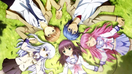 A vibrant HD desktop wallpaper featuring characters from Angel Beats! including Hinata Hideki, Yuzuru Otonashi, Yuri Nakamura, Yui, and Kanade Tachibana, lying together on grass.
