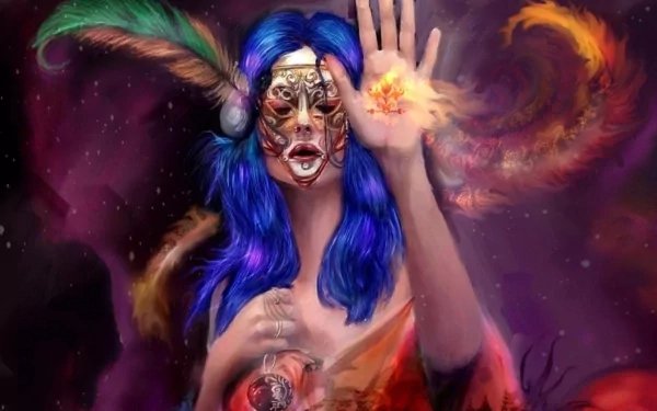 Fantasy-themed HD PC desktop wallpaper featuring a witch with vivid blue hair, a mystical mask, and fiery magic swirling from her raised hand against a dark, enchanted background.