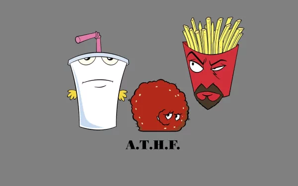HD PC desktop wallpaper featuring characters from the TV show Aqua Teen Hunger Force: a cup with a straw, a meatball, and a box of angry fries on a gray background.