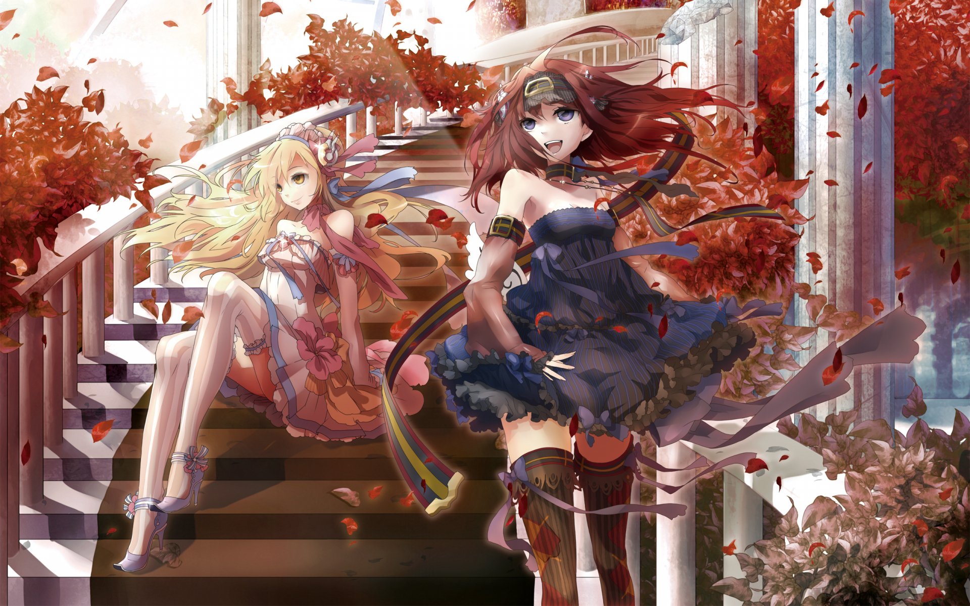 A vibrant HD anime wallpaper featuring two anime girls, one in a flowing blue dress and the other elegantly seated, surrounded by autumn leaves and an enchanting staircase backdrop.