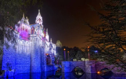 A beautifully illuminated Disneyland castle adorned with colorful Christmas lights, set against a dark sky, capturing the magic of the holiday season.