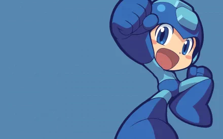 HD desktop wallpaper featuring Mega Man from the video game Mega Man Powered Up. The background is a solid blue, highlighting Mega Man in an energetic pose.