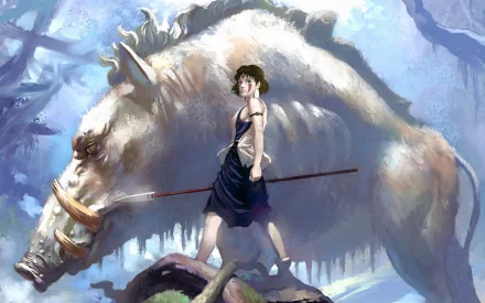 HD desktop wallpaper featuring a warrior from Princess Mononoke standing confidently with a spear, accompanied by a giant boar against a mystical forest backdrop.
