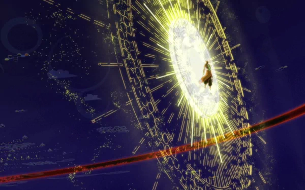 HD PC desktop wallpaper from the movie Summer Wars, featuring a glowing, intricate circular portal with a figure at its center against a dark background.