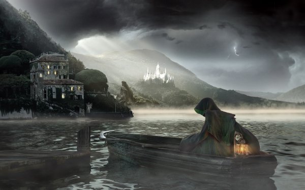 Dark Grim Reaper Boat House Night Lake HD Wallpaper | Background Image