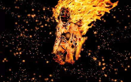An artistic HD PC desktop wallpaper featuring a figure engulfed in vibrant flames, surrounded by sparkling particles against a dark background.