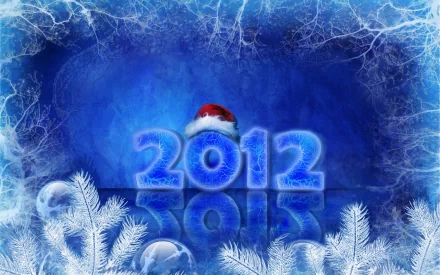 Frosty blue HD PC desktop wallpaper with icy 2012 numbers (one wearing a Santa hat), reflective surface, frosted pine branches and electric snowflake border — New Year holiday background