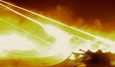 A dynamic HD desktop wallpaper of artillery firing, with bright trails and explosions lighting up the night sky, tagged military.